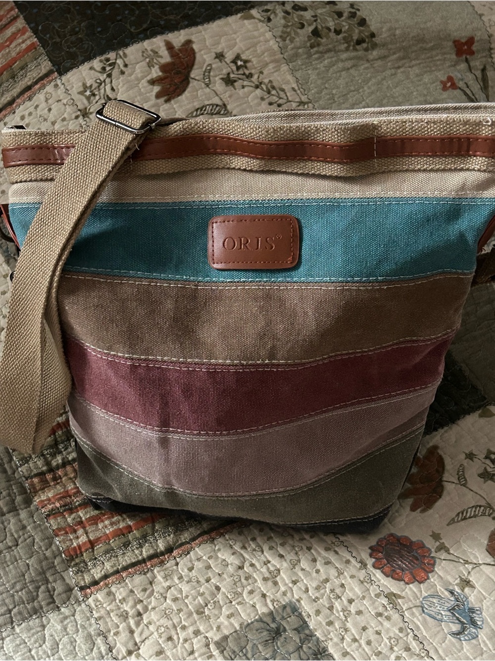Oris Multicolor Striped Canvas Shoulder Bag in Teal, Brown, Pink and Gray